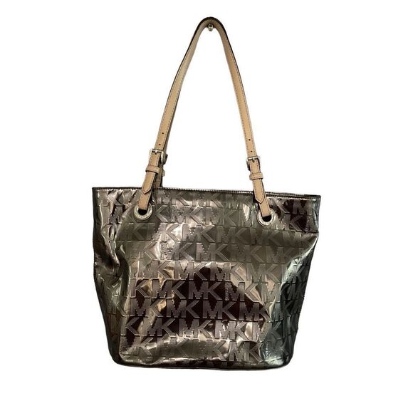 Michael Kors Womens Metallic Black Signature Print Tote Bag - Picture 1 of 4